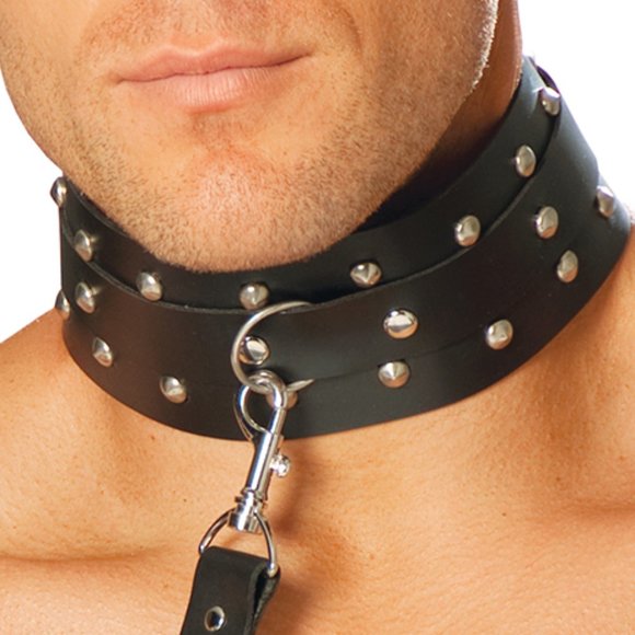 BDSM 100% real Leather Black Men’s collar with studs and O ring - Picture 2 of 6